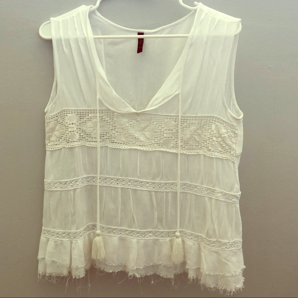 White rayon crinkle with lace and tassels top